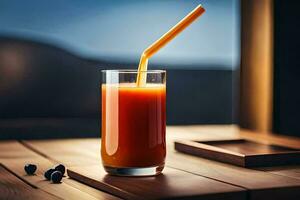 a glass of orange juice on a wooden table. AI-Generated photo