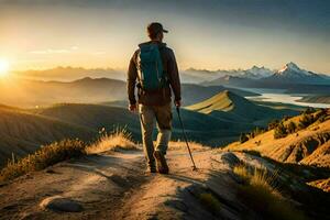 un hombre con un mochila y emigrar polos camina arriba un montaña a puesta de sol. generado por ai foto