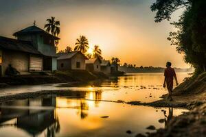un hombre caminando a lo largo el apuntalar de un río a puesta de sol. generado por ai foto