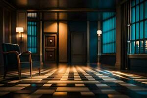 un silla y un lámpara en un oscuro habitación. generado por ai foto