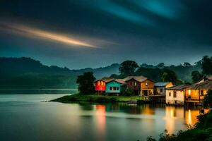 houses on the shore of a lake at night. AI-Generated photo