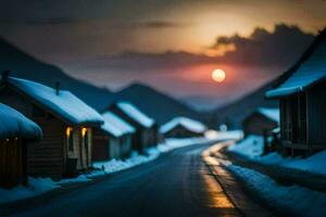 a road in the snow with houses and a sun setting. AI-Generated photo