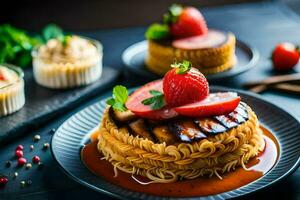 un plato con un pastel y fresas generado por ai foto