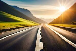 a long road with the sun shining in the background. AI-Generated photo