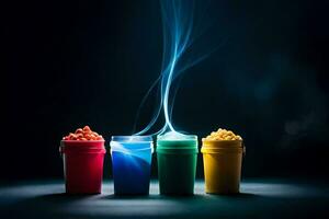 three colorful cups with smoke coming out of them. AI-Generated photo