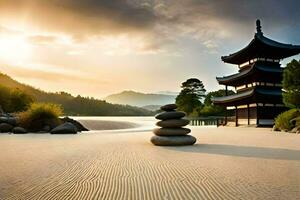 the japanese pagoda in the sand. AI-Generated photo