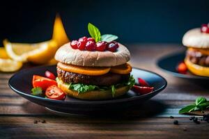 dos hamburguesas en negro platos con Tomates y hierbas. generado por ai foto