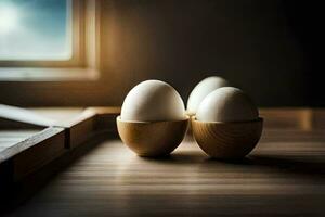 three eggs in wooden bowls on a table. AI-Generated photo