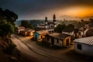 un pueblo en el montañas a puesta de sol. generado por ai foto