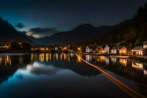 a lake at night with houses and mountains in the background. AI-Generated photo