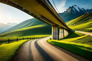 un la carretera debajo un puente en el montañas. generado por ai foto