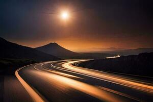 un largo exposición fotografía de un la carretera a puesta de sol. generado por ai foto