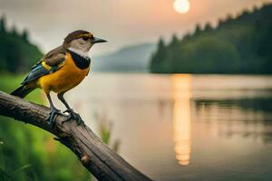 a bird sits on a branch near a lake. AI-Generated photo