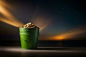 a bucket filled with coins on a table. AI-Generated photo