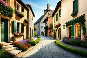 a street in a small town with flowers and plants. AI-Generated photo