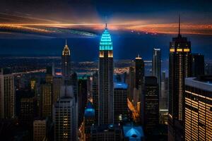 the empire state building is lit up in blue and white. AI-Generated photo
