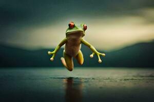 un rana saltando en el aire en un oscuro antecedentes. generado por ai foto