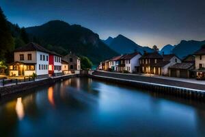 un río carreras mediante un pueblo a noche. generado por ai foto