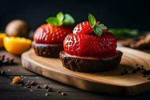 two strawberries on a wooden cutting board. AI-Generated photo