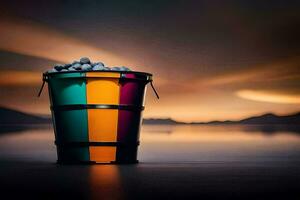 a bucket of blueberries on a beach at sunset. AI-Generated photo