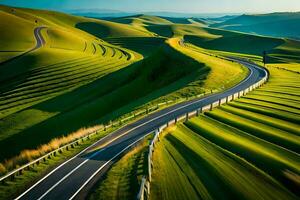 a road winding through green hills. AI-Generated photo