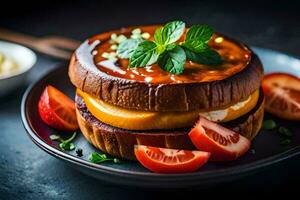 a hamburger with cheese and tomatoes on a plate. AI-Generated photo