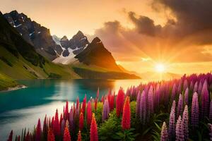 el Dom sube terminado el montañas y el flores floración en frente de el lago. generado por ai foto