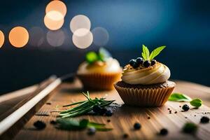 cupcakes on a wooden cutting board. AI-Generated photo