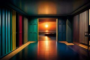 a hallway with doors that lead to a beach. AI-Generated photo