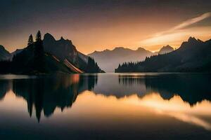 un lago y montañas son reflejado en el agua a puesta de sol. generado por ai foto