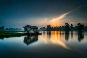 the sun rises over a small house on the water. AI-Generated photo