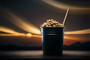 a bucket of peanuts with a straw. AI-Generated photo