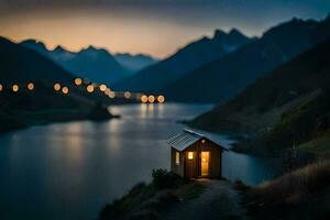 un pequeño cabina se sienta en el lado de un montaña con vista a un lago. generado por ai foto