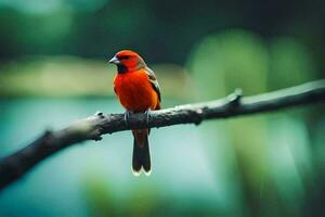 a red bird sitting on a branch. AI-Generated photo