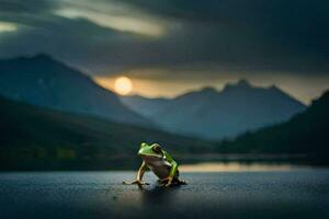 a frog sitting on the ground in front of a lake. AI-Generated photo