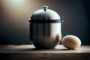 an egg and a silver canister on a table. AI-Generated photo