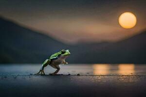 a frog is standing on the ground in front of a lake. AI-Generated photo