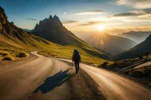 un hombre camina en un la carretera en el montañas. generado por ai foto