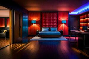 a bedroom with red and blue lighting. AI-Generated photo