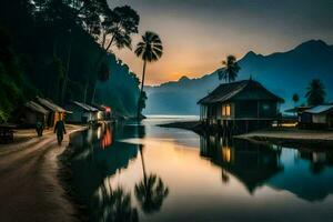 a river in the mountains with huts and palm trees. AI-Generated photo