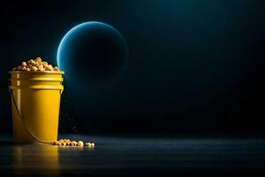 a yellow bucket filled with peanuts on a dark background. AI-Generated photo