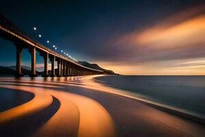 a long exposure photograph of a bridge at sunset. AI-Generated photo