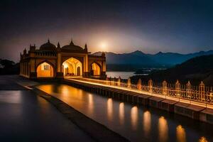 el Luna sube terminado el lago y el mezquita a noche. generado por ai foto