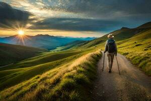 a man with a backpack and hiking poles walks down a dirt road in the mountains. AI-Generated photo