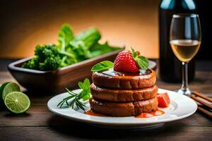 a stack of pancakes with strawberries and a glass of wine. AI-Generated photo