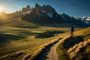 the man is walking in the middle of the road in the middle of the mountains. AI-Generated photo