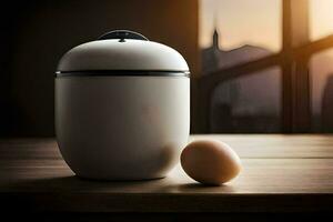 an egg and a white container sitting on a table. AI-Generated photo