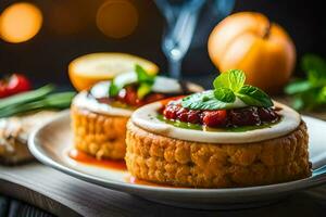 dos pequeño pasteles con salsa y vegetales en un lámina. generado por ai foto