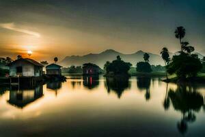 un hermosa puesta de sol terminado un lago con casas y palma arboles generado por ai foto