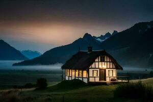 a cottage in the mountains at dusk. AI-Generated photo